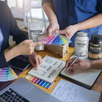 Designer reviewing protein powder package concepts