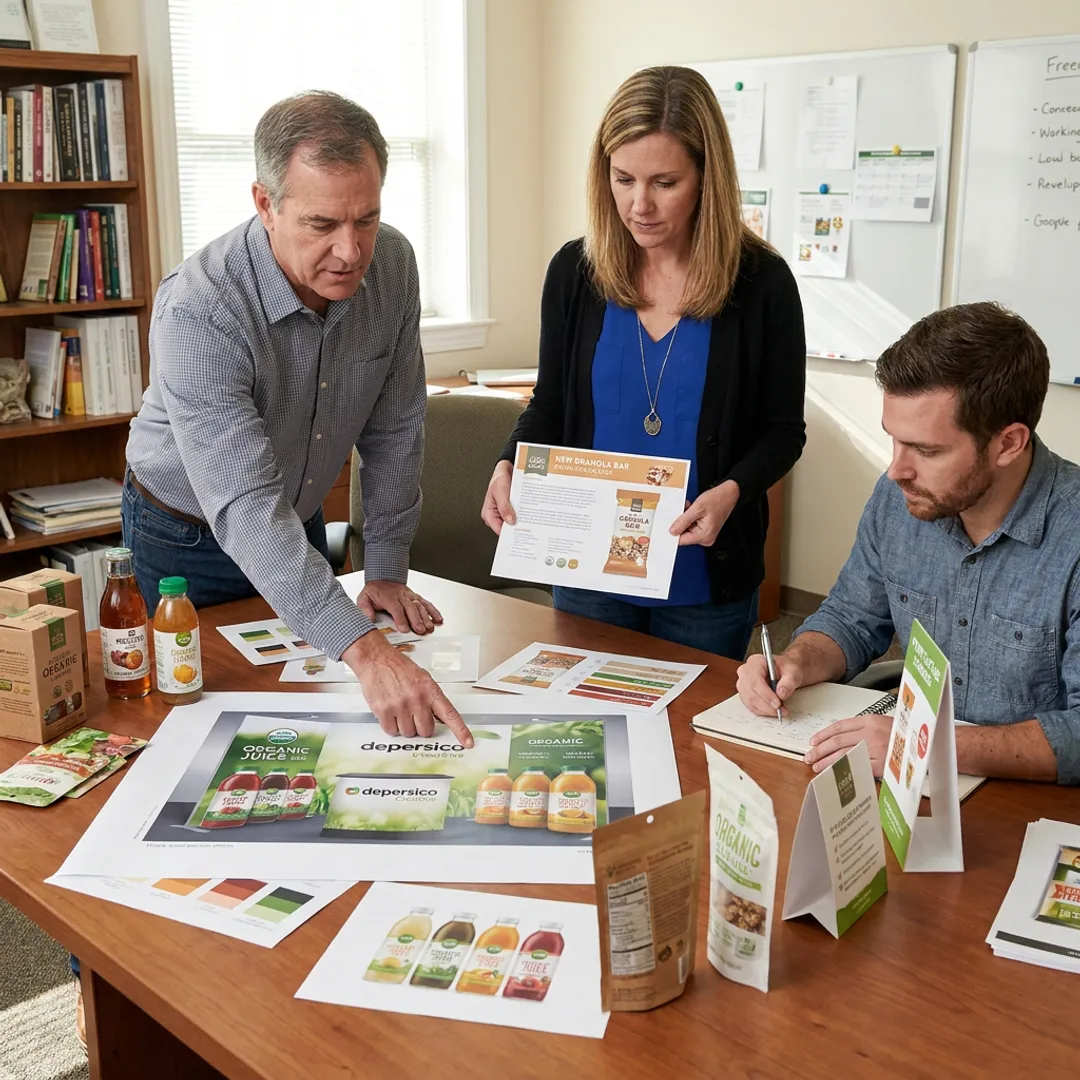 Food brand team reviewing expo booth graphics and sell sheets