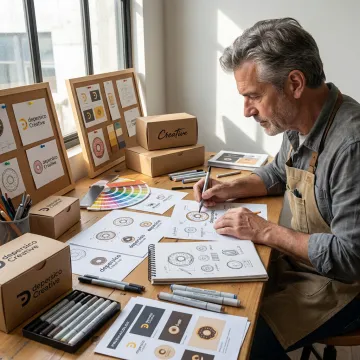 Designer reviewing doughnut brand logo sketches