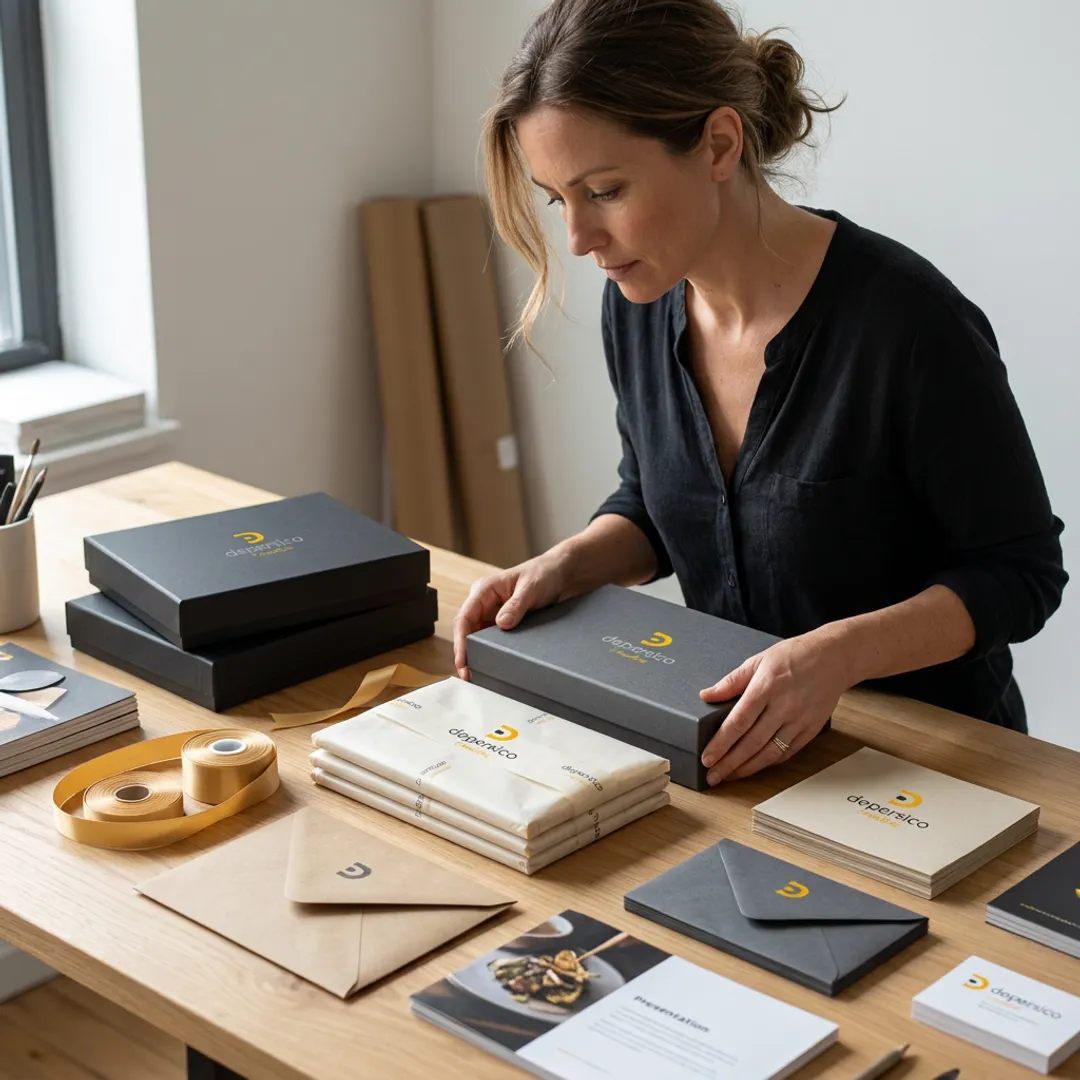 Designer arranging branded photography delivery packaging