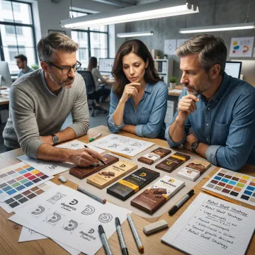 Designer reviewing chocolate packaging concepts