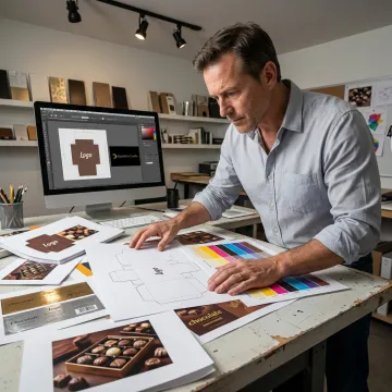 Designer reviewing chocolate box packaging concepts