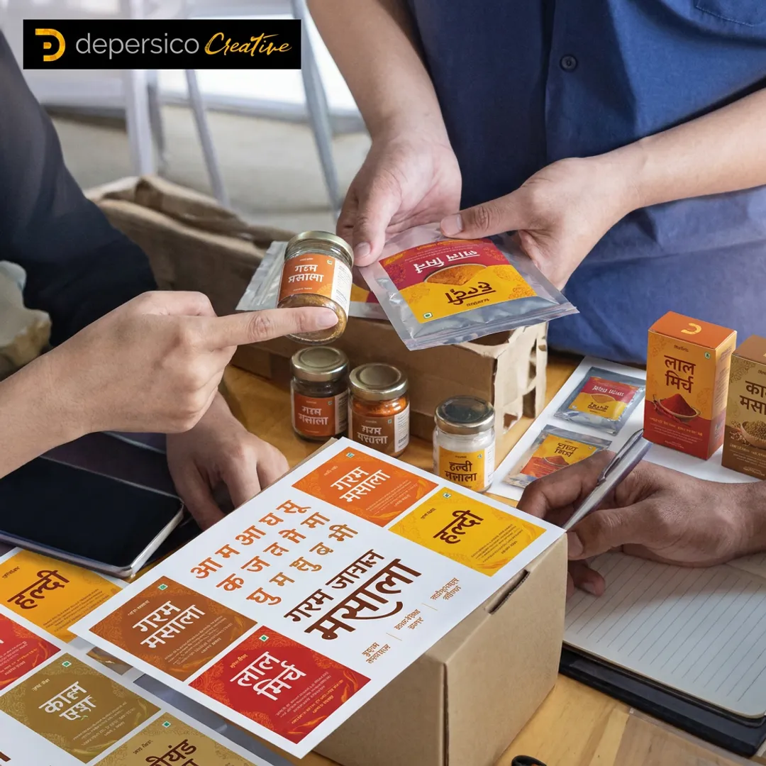 Designer reviewing Indian spice label concepts
