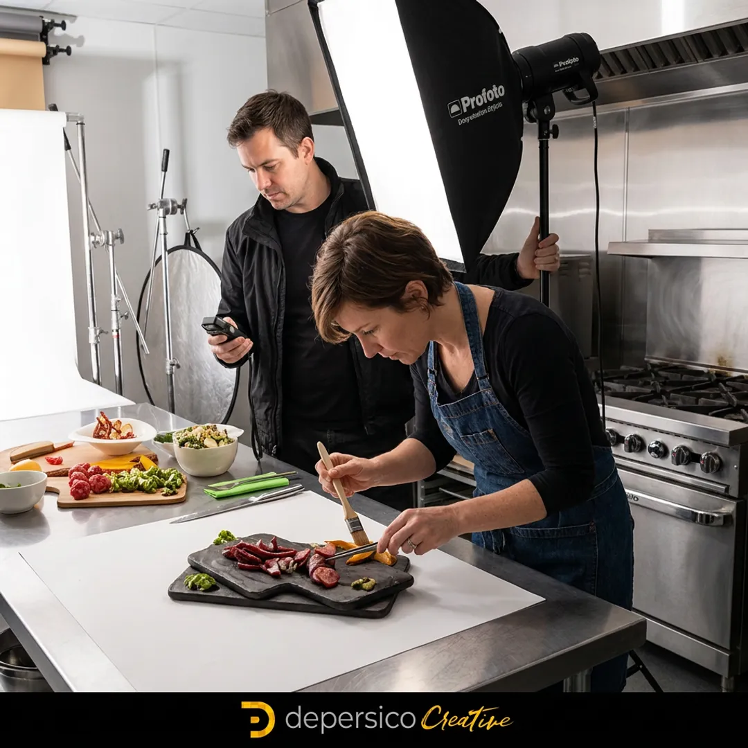 Food photography process in studio kitchen