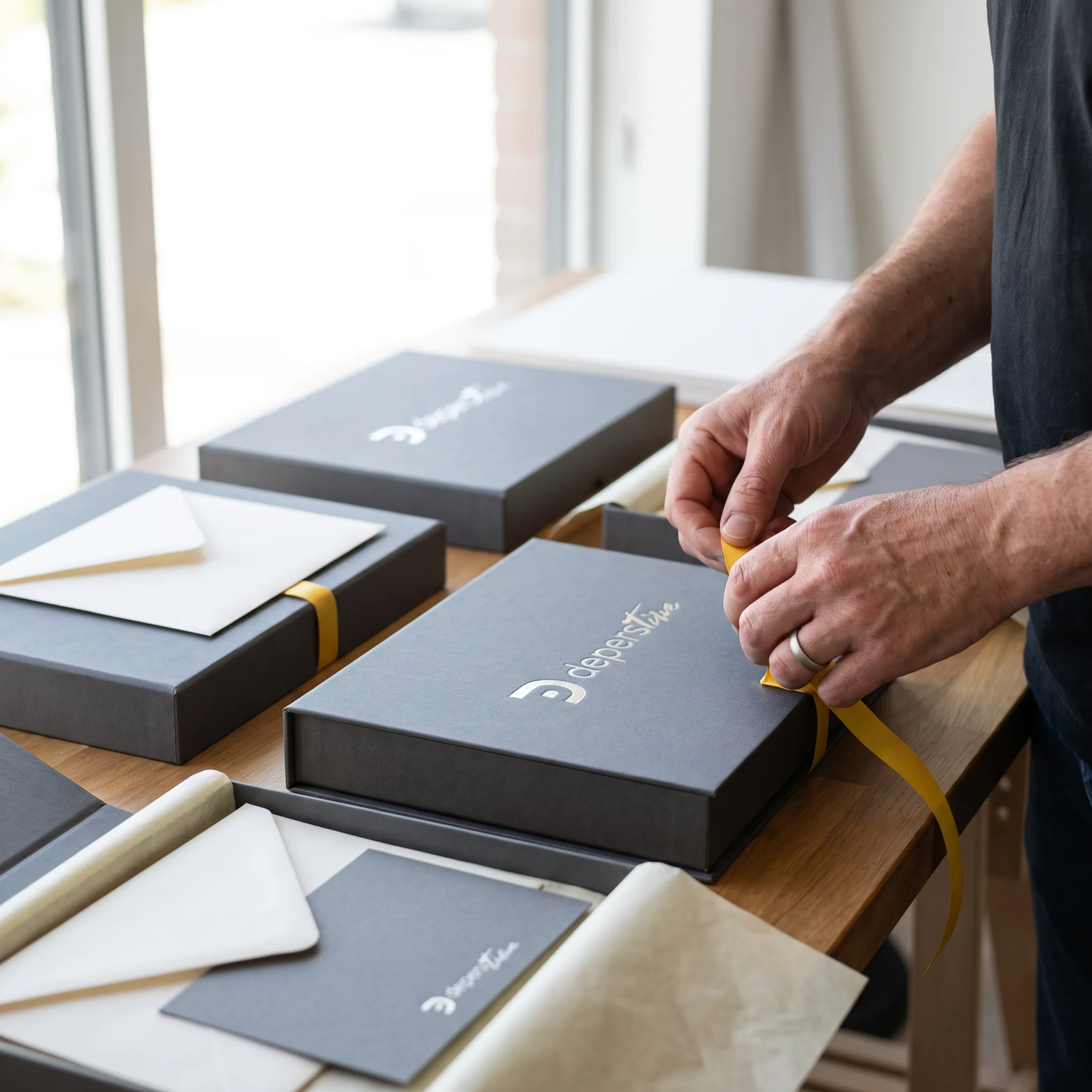 Designer arranging branded photography delivery packaging