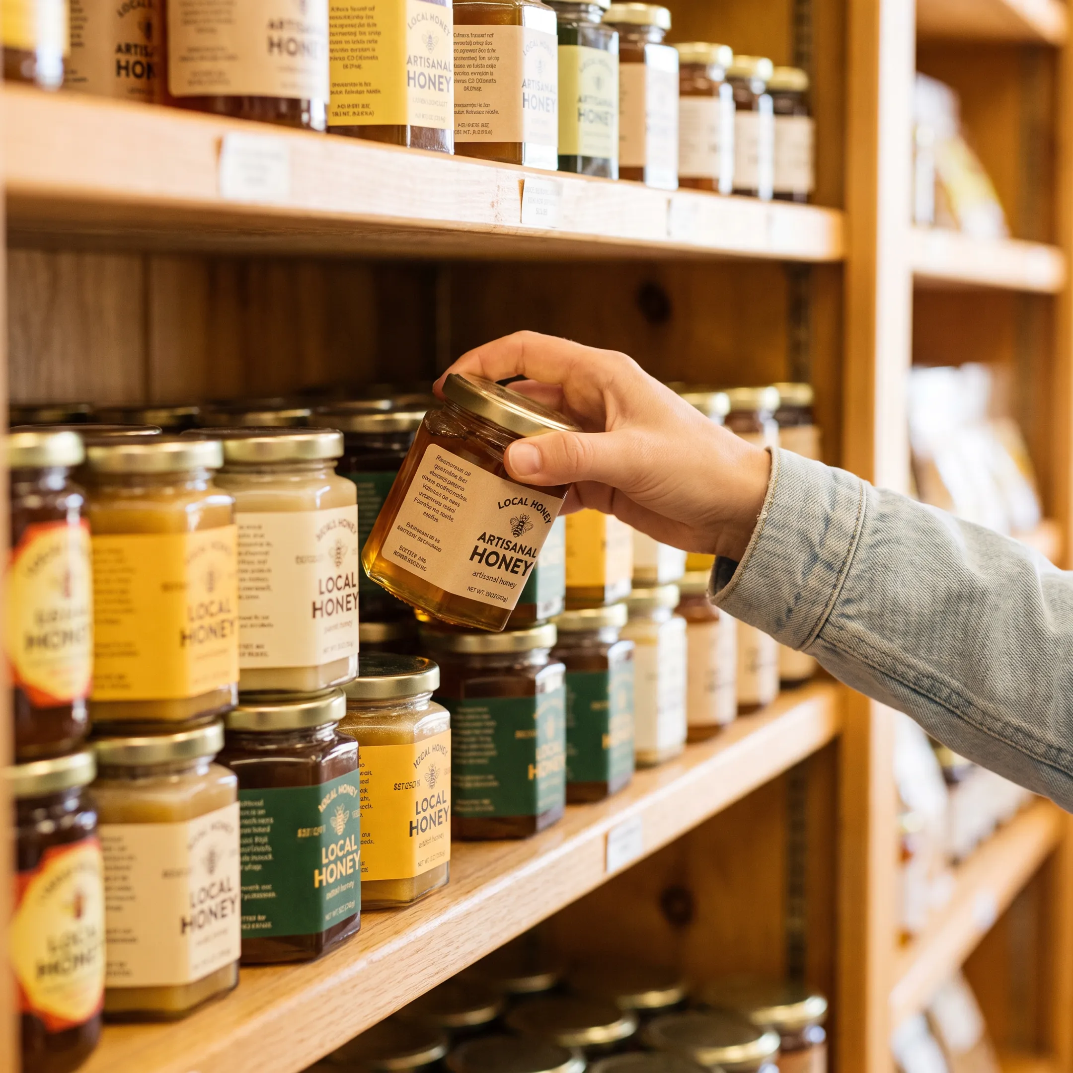 Designer reviewing honey jar label concepts