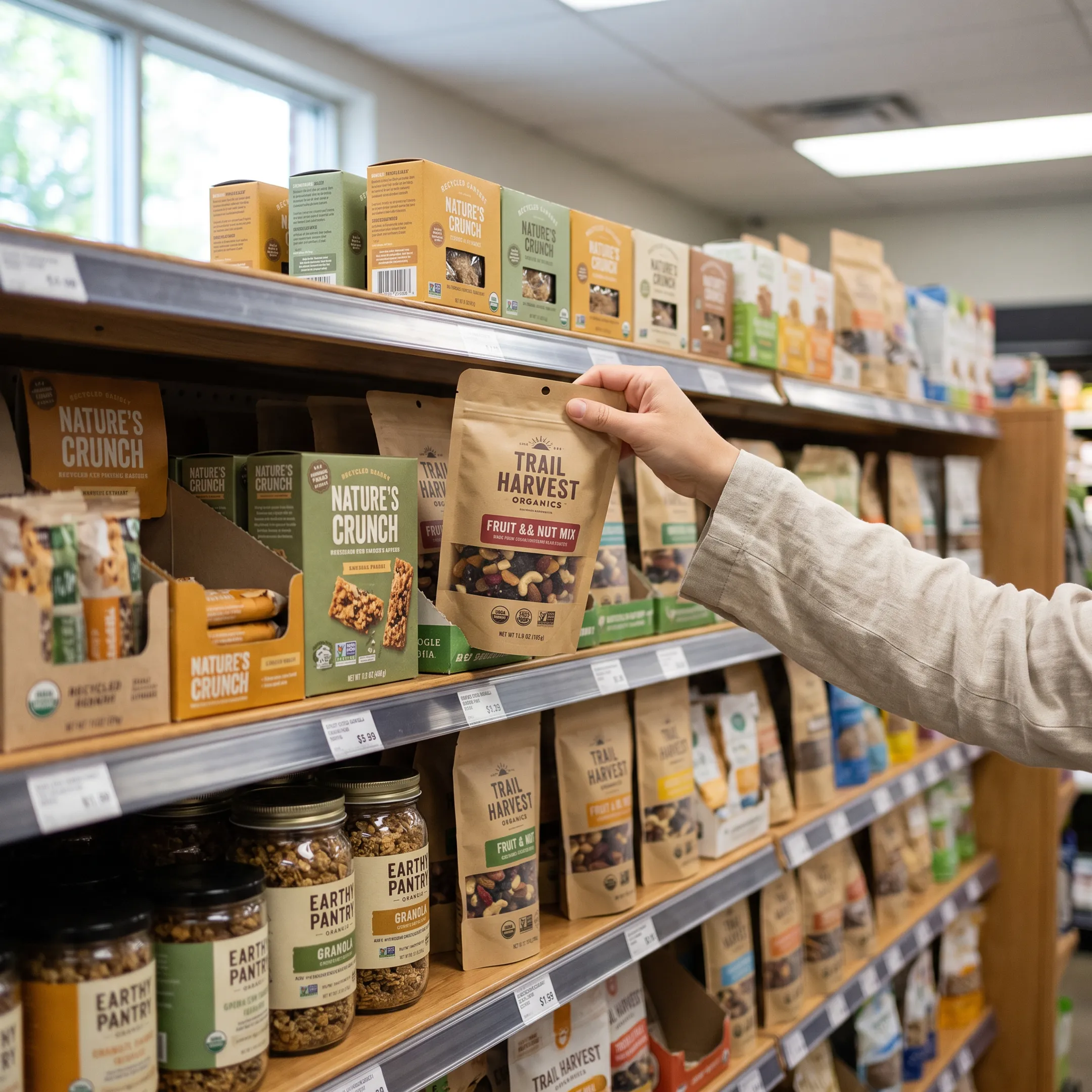 Open organic food brochure with SKU details