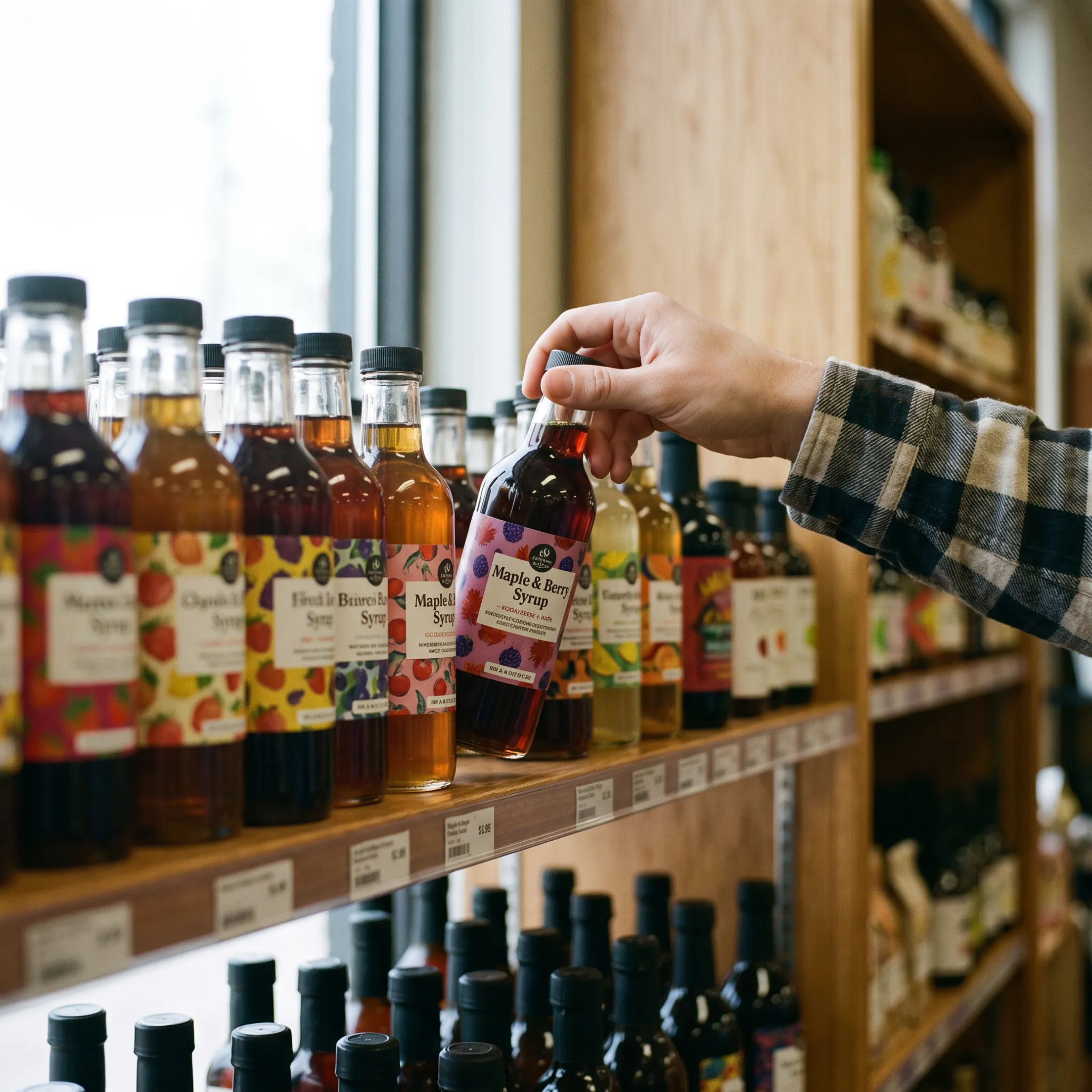 Designer reviewing syrup label proofs