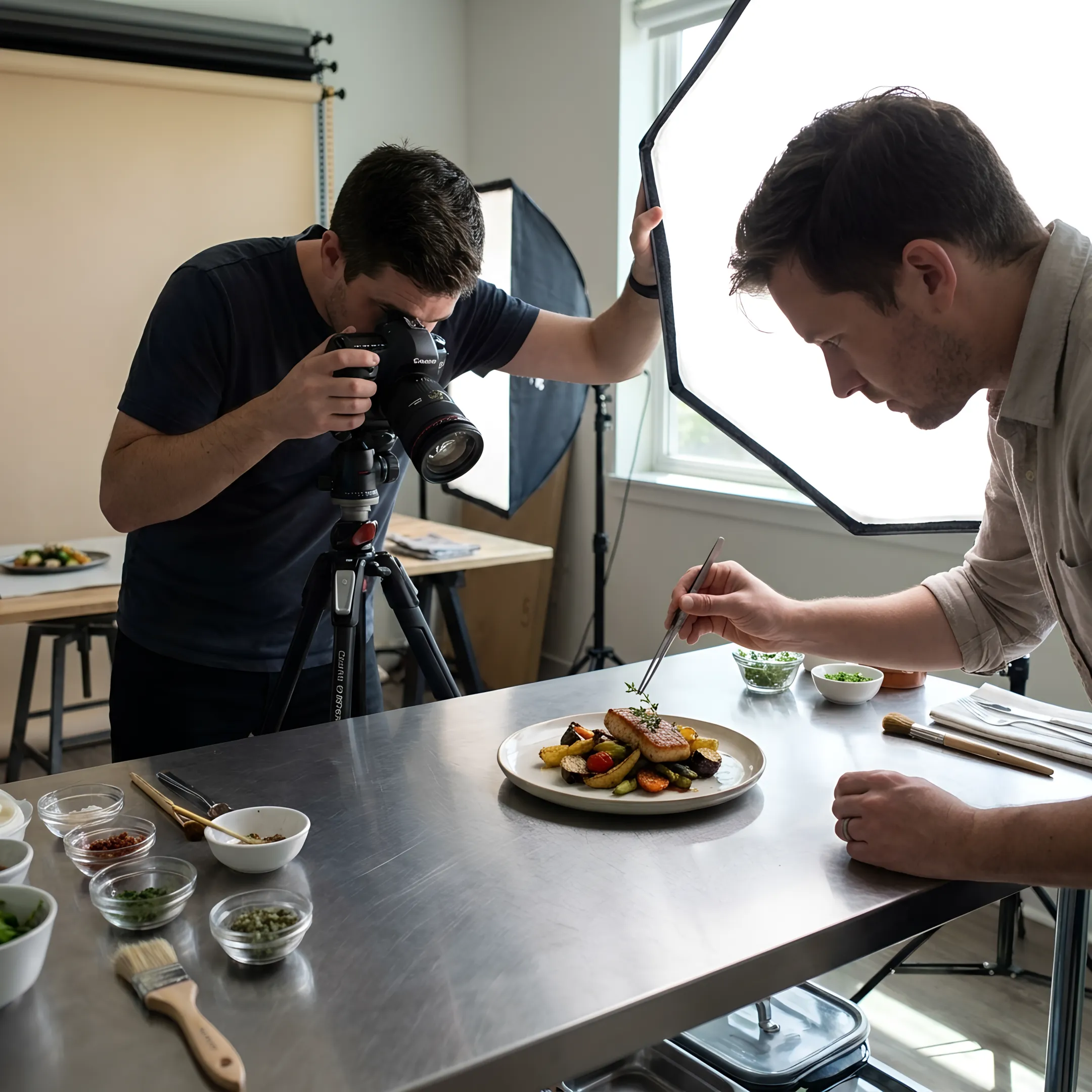 Food stylist preparing a studio photo shoot