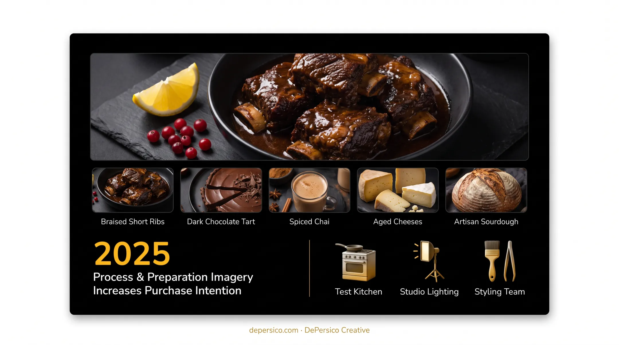 Professional food photography studio with test kitchen lighting setup and styling team