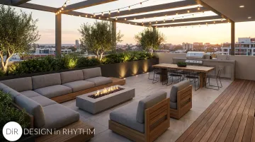 Photorealistic 3D rendering of rooftop restaurant design concept