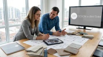 Interior designer and client reviewing floor plans during early project planning