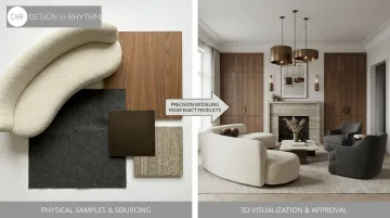 Design in Rhythm sourced furniture and finishes displayed alongside matching rendering