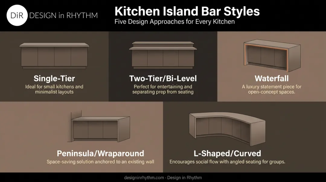 Five kitchen island bar types comparison single-tier waterfall peninsula L-shaped