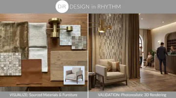 Design firm reviewing sourced furniture and finishes before final renderings