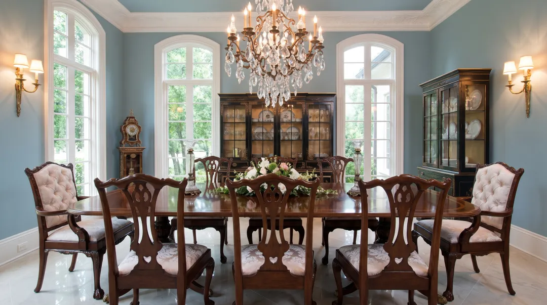 Traditional luxury dining room with mahogany table and crystal chandelier