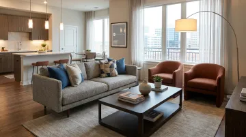 Multifamily model unit interior showcasing designed common area and finishes