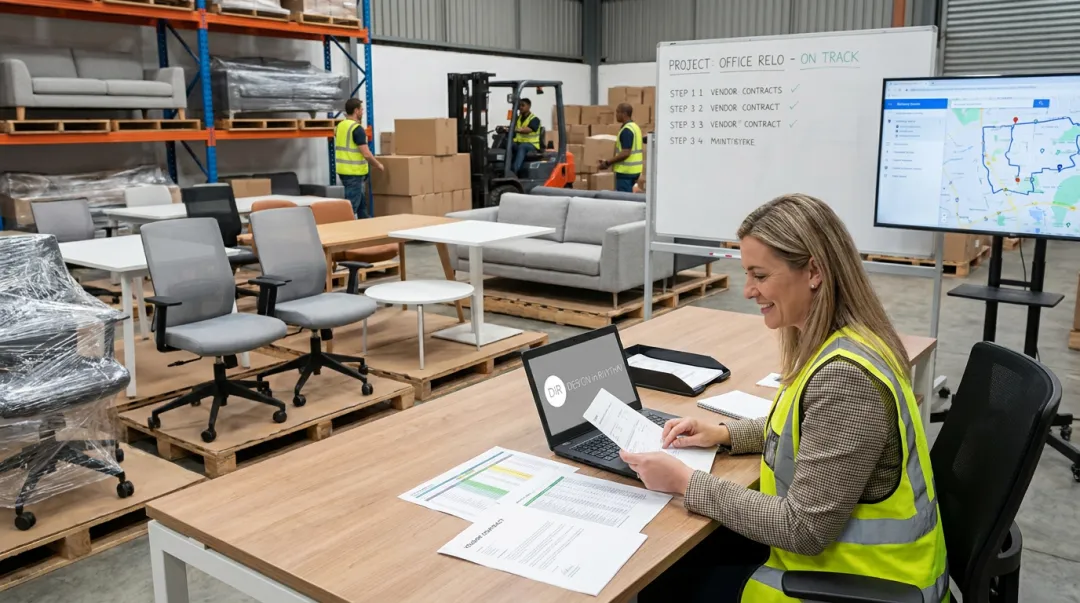 Procurement manager coordinating furniture logistics and warehousing for a design project