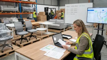 Procurement manager coordinating furniture logistics and warehousing for a design project