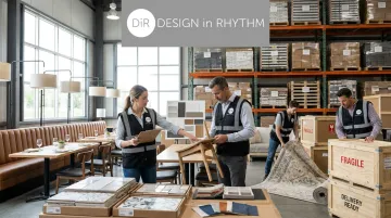 Design and procurement team inspecting sourced furniture in warehouse