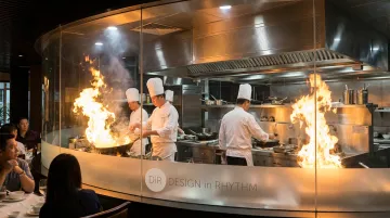 Glass-partitioned open kitchen with chefs preparing wok dishes theatrically