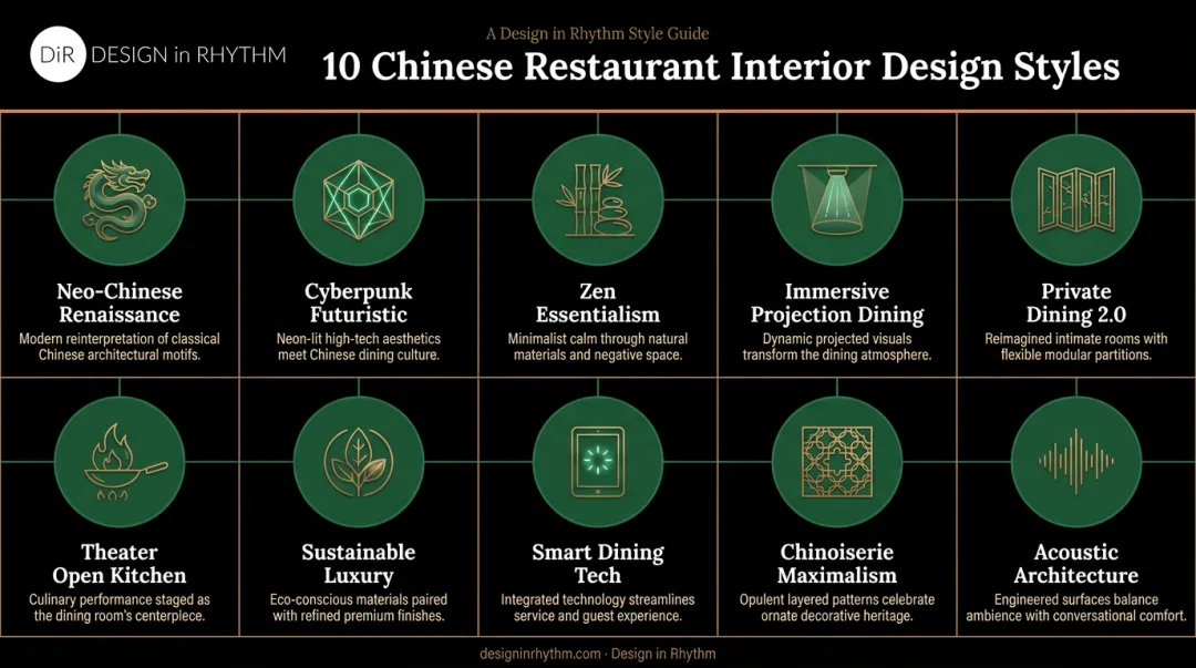 10 Chinese restaurant interior design styles comparison infographic for 2026