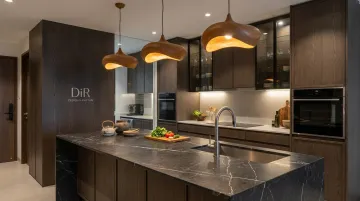 Designed 3BHK kitchen with dark marble countertops and wood pendant lighting