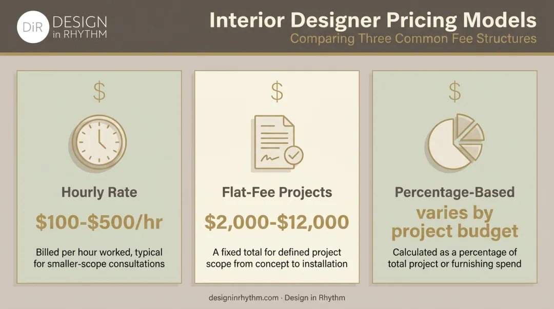 Interior designer cost comparison chart hourly flat-fee and percentage models