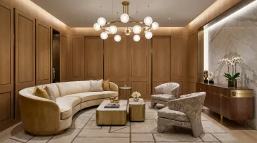 Photorealistic interior rendering featuring sourced furniture and finishes matching final installation