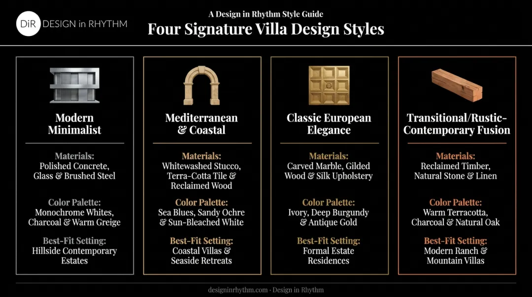 Four popular luxury villa design styles comparison chart
