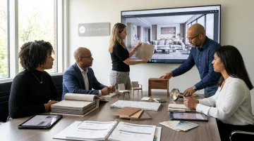 Design team reviewing photorealistic rendering alongside sourced material samples