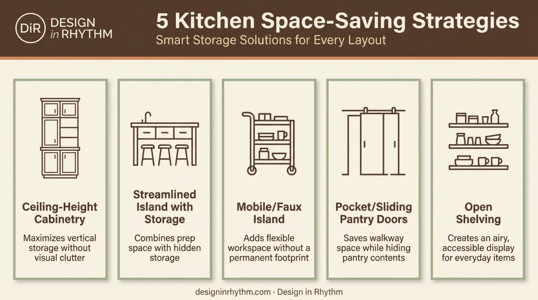 5 kitchen space-saving strategies comparison chart with icons