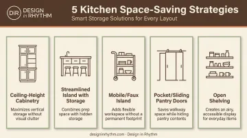 5 kitchen space-saving strategies comparison chart with icons