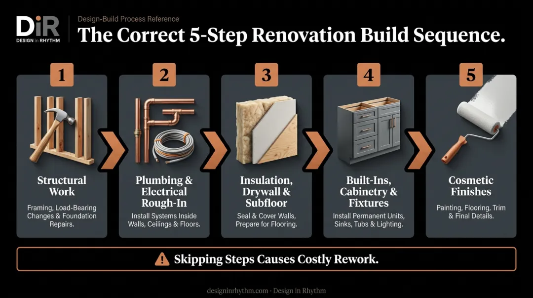 5-step renovation build order from structural work to finishes