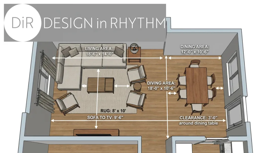 3D interior design rendering showing accurately scaled furniture placement