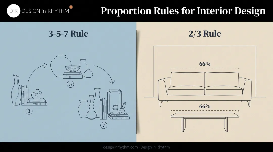 3-5-7 rule and 2/3 proportion rule for living dining layouts