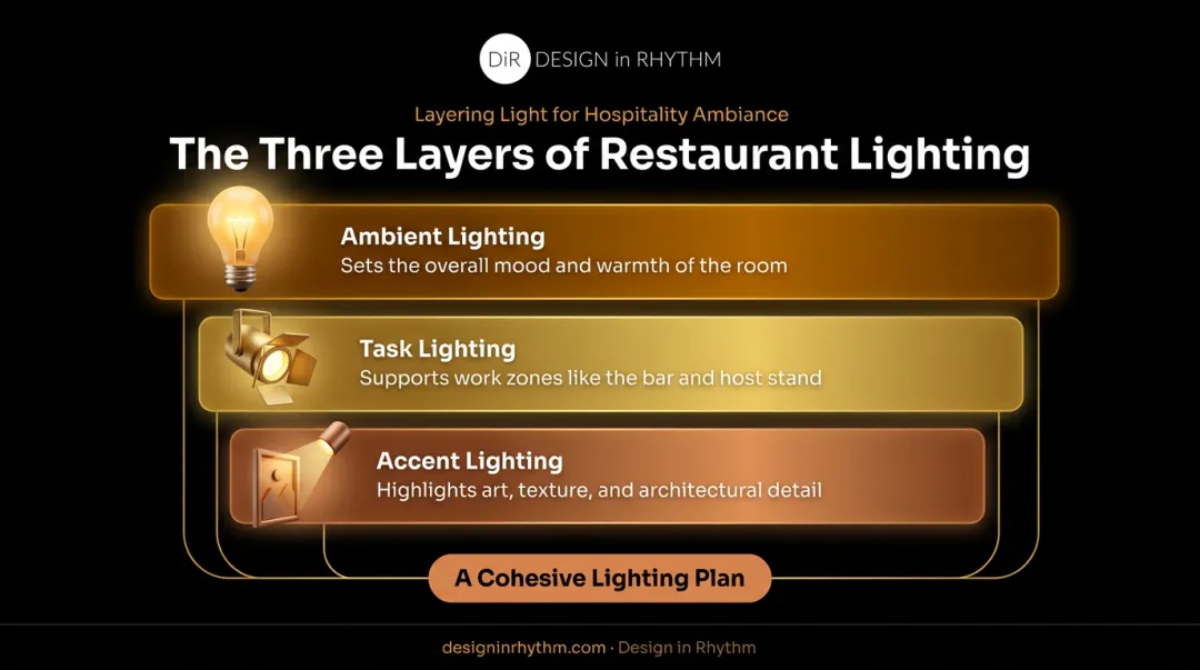 Three-layer restaurant lighting hierarchy showing ambient task and accent lighting