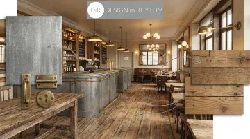 Photorealistic 3D restaurant rendering built from sourced French design materials