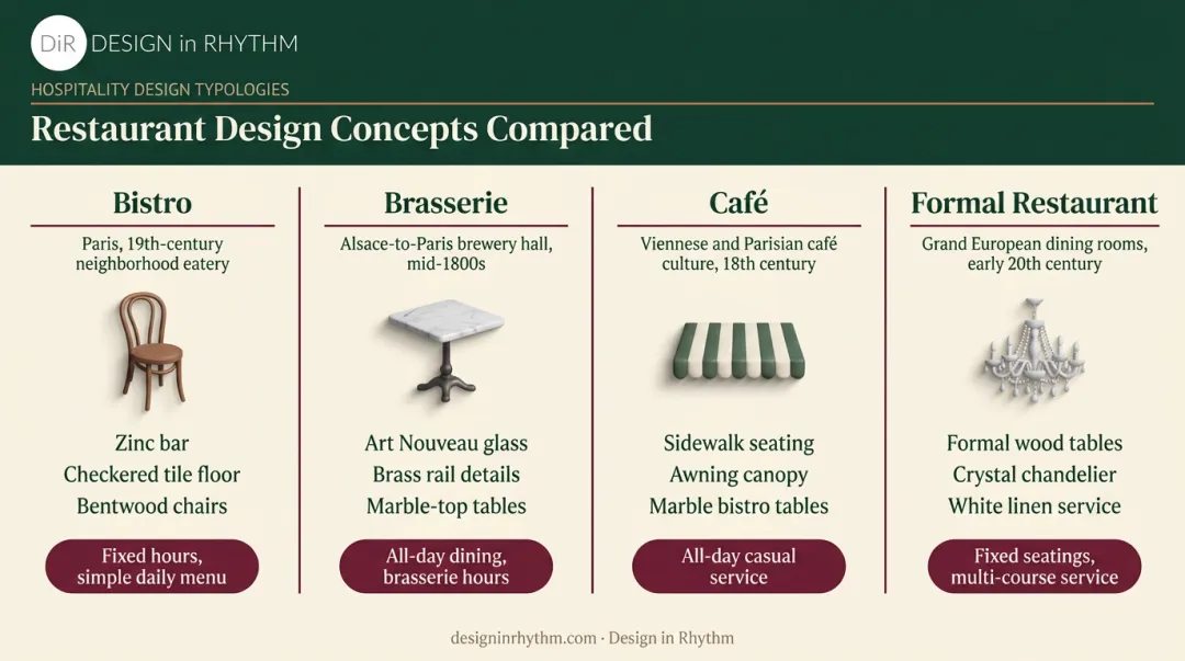 Bistro brasserie cafe and formal restaurant design comparison chart