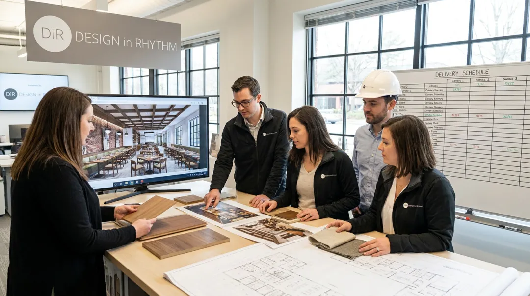 Design in Rhythm team coordinating restaurant material procurement and installation logistics