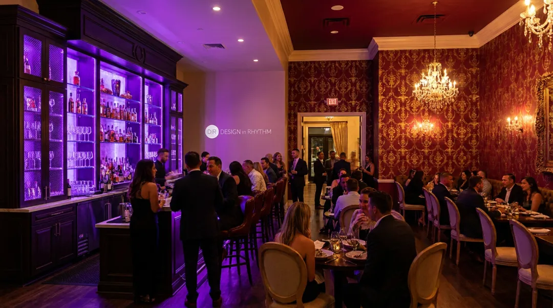St Felix Las Vegas bar with purple lighting and crimson patterned wallpaper