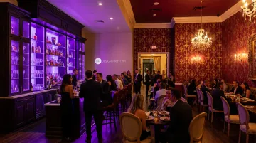 St Felix Las Vegas bar with purple lighting and crimson patterned wallpaper