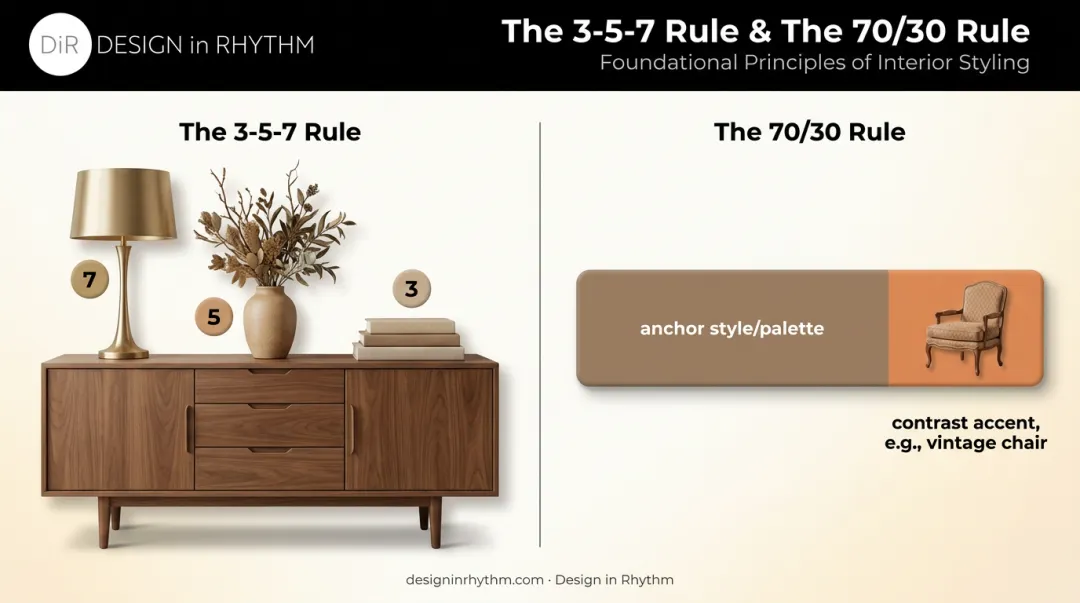 3-5-7 rule and 70/30 rule dining room styling infographic