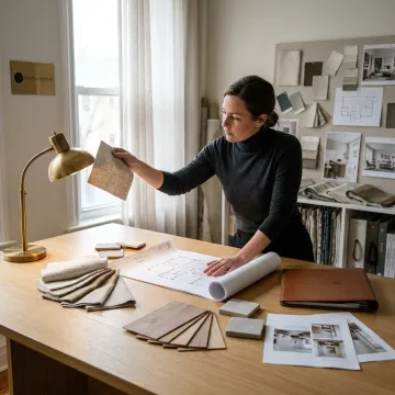 Designer reviewing interior plans and material samples