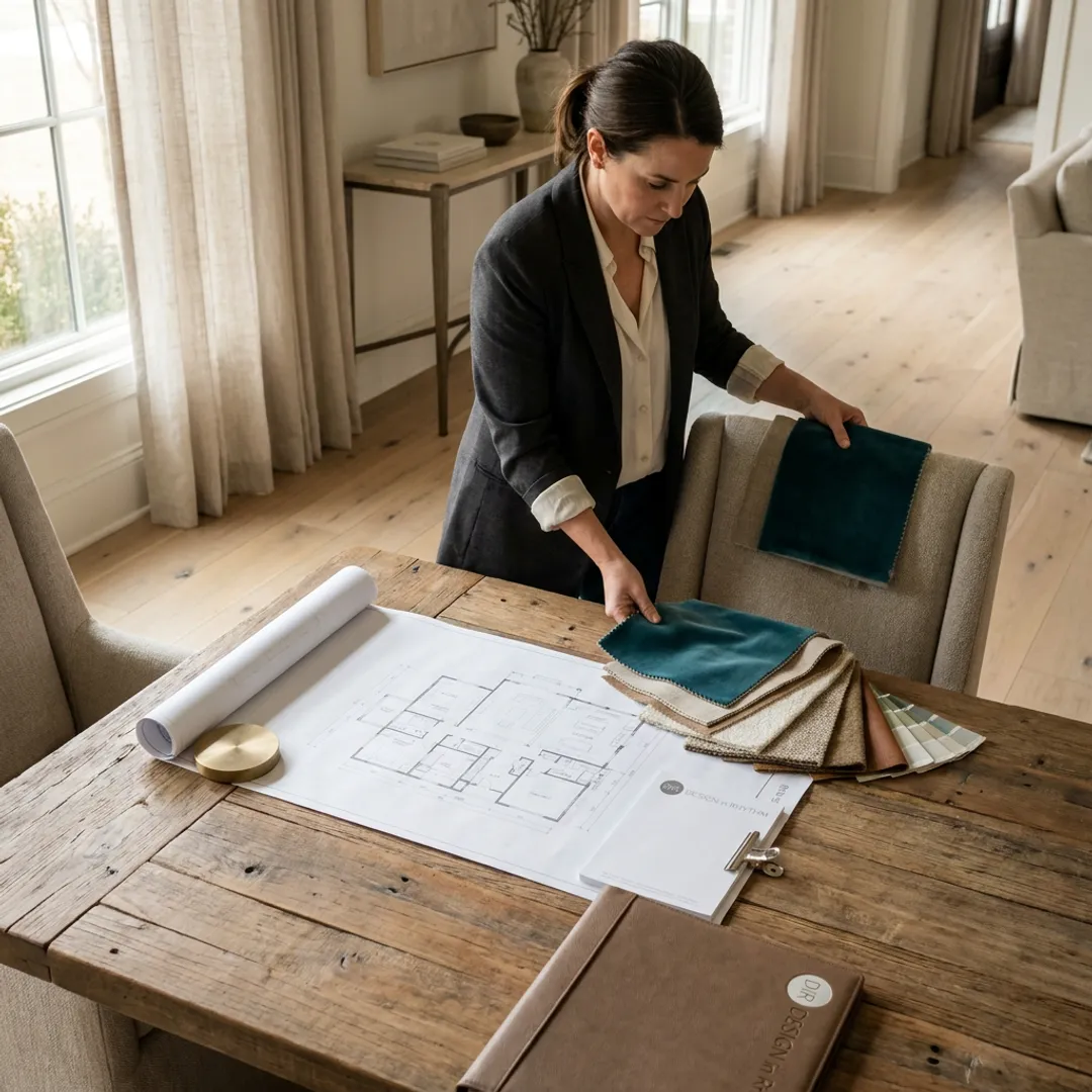 Designer reviewing staging plans with furniture samples
