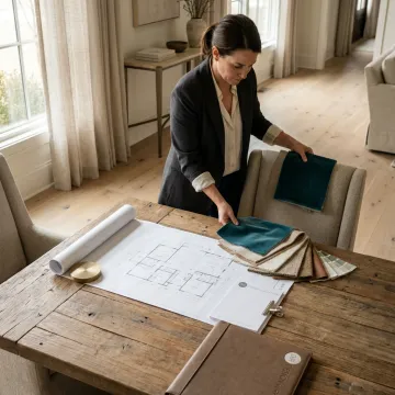 Designer reviewing staging plans with furniture samples