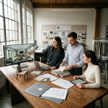 Design studio team reviewing renderings and material samples