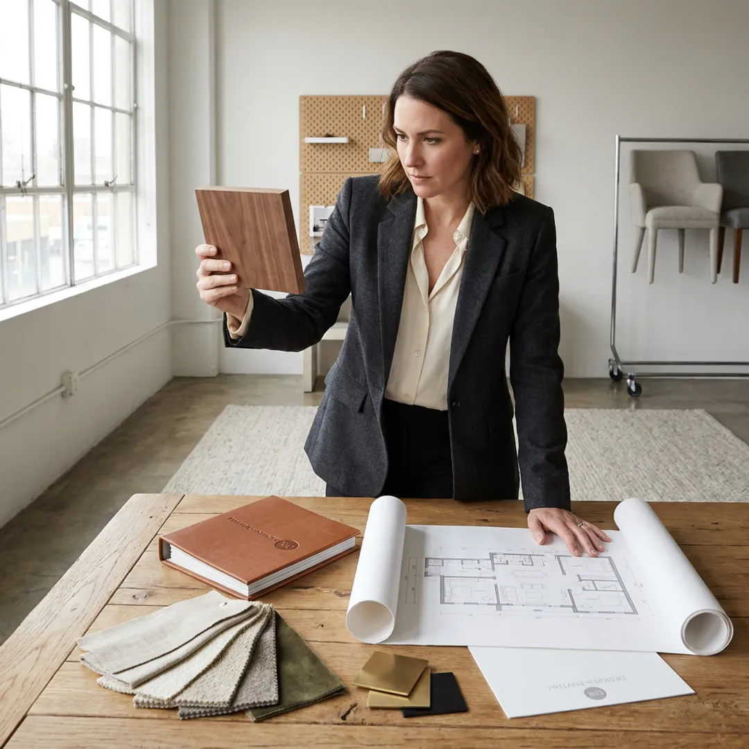 Interior designer reviewing plans and material samples