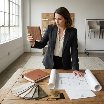Interior designer reviewing plans and material samples