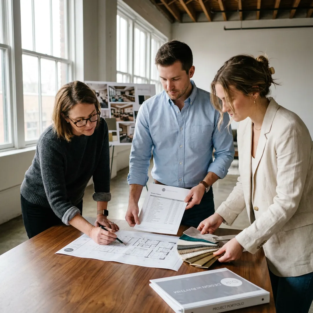 Renovation team reviewing design plans